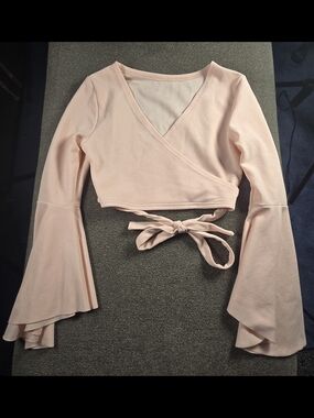 SHEIN Light Pink Wrap Crop Top with Bell Sleeves